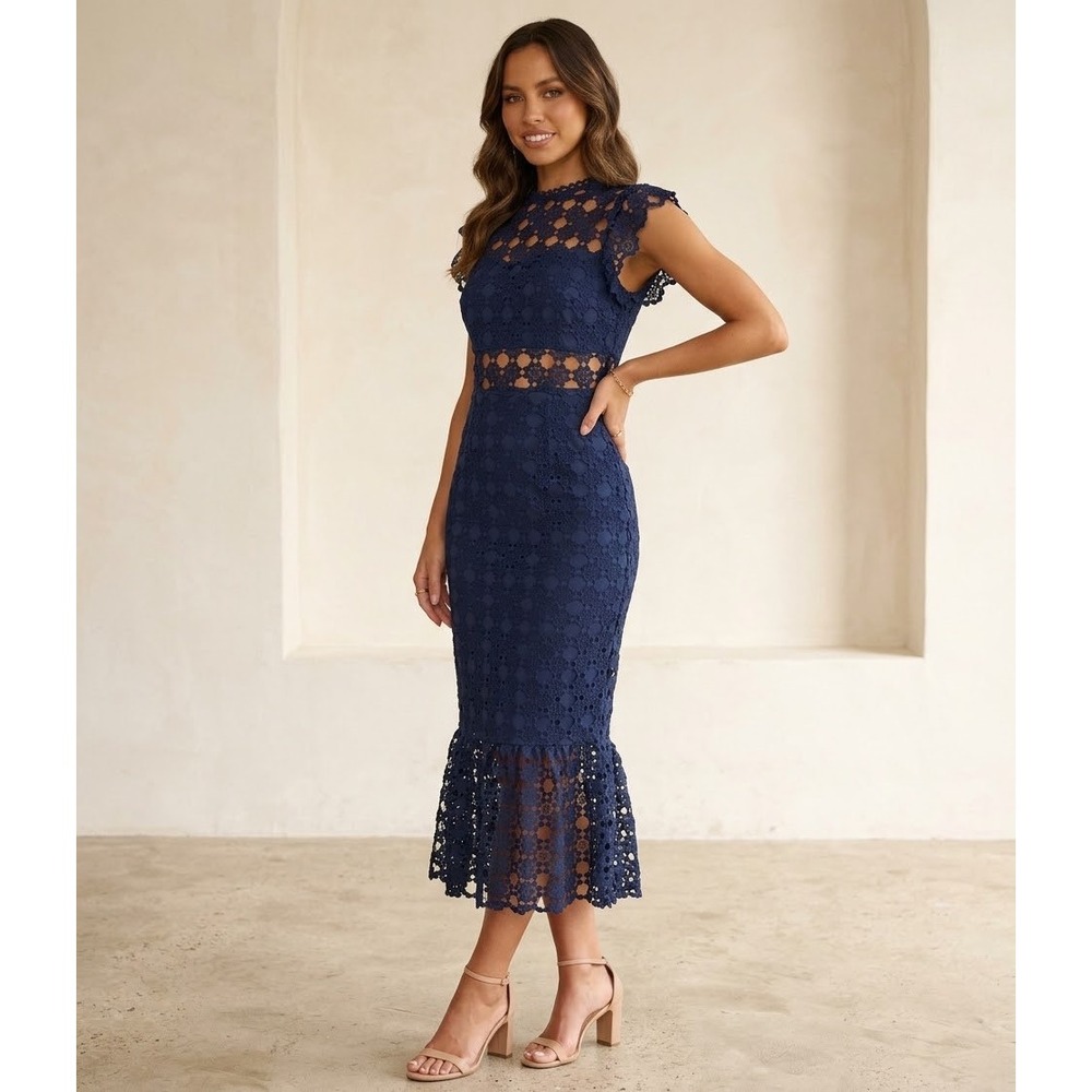 Petal & Pup Lauren Navy Blue Crochet Lace Ruffle Sleeve Midi Sheath Dress US 4